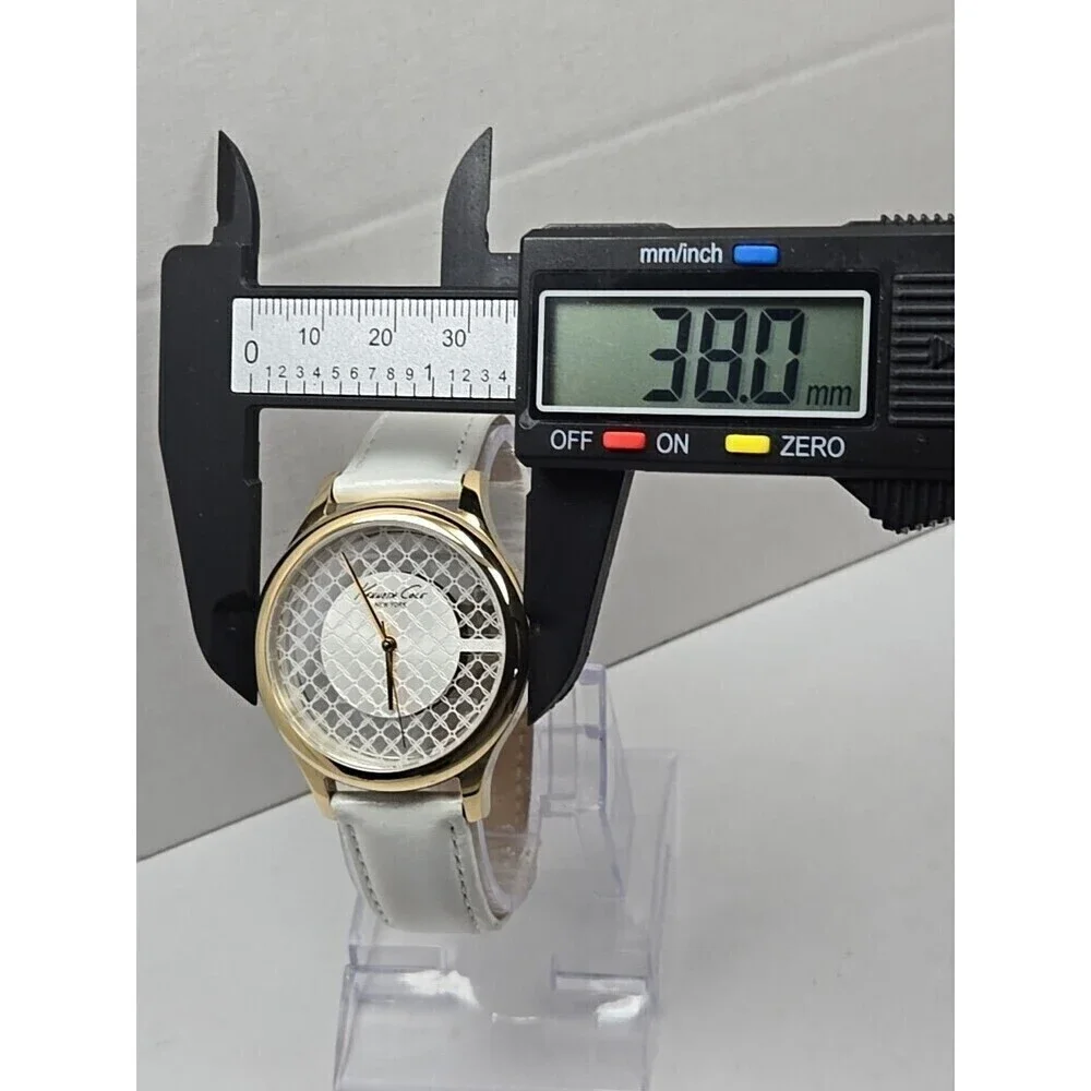Kenneth Cole New York Lattice Dial Gold Womens Watches White Leather New Battery